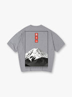 Minimal Grayscale Mount Fuji Red Vertical Kanji Frame Back Print Cotton T-Shirt
