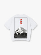 Minimal Grayscale Mount Fuji Red Vertical Kanji Frame Back Print Cotton T-Shirt