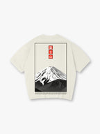 Minimal Grayscale Mount Fuji Red Vertical Kanji Frame Back Print Cotton T-Shirt
