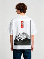 Minimal Grayscale Mount Fuji Red Vertical Kanji Frame Back Print Cotton T-Shirt