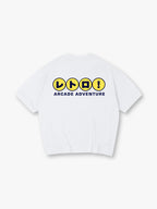 Minimal Retro Japanese Katakana Arcade Adventure Yellow Circle Back Print Cotton T-Shirt