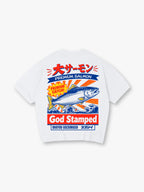 Vintage Japanese Premium Salmon Wave God Stamped Graphic Back Print T-Shirt