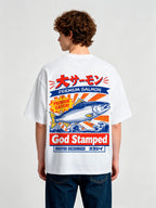 Vintage Japanese Premium Salmon Wave God Stamped Graphic Back Print T-Shirt