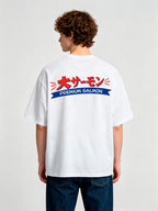 Minimal Red Japanese Big Salmon Katakana Premium Salmon Blue Banner Print T-Shirt