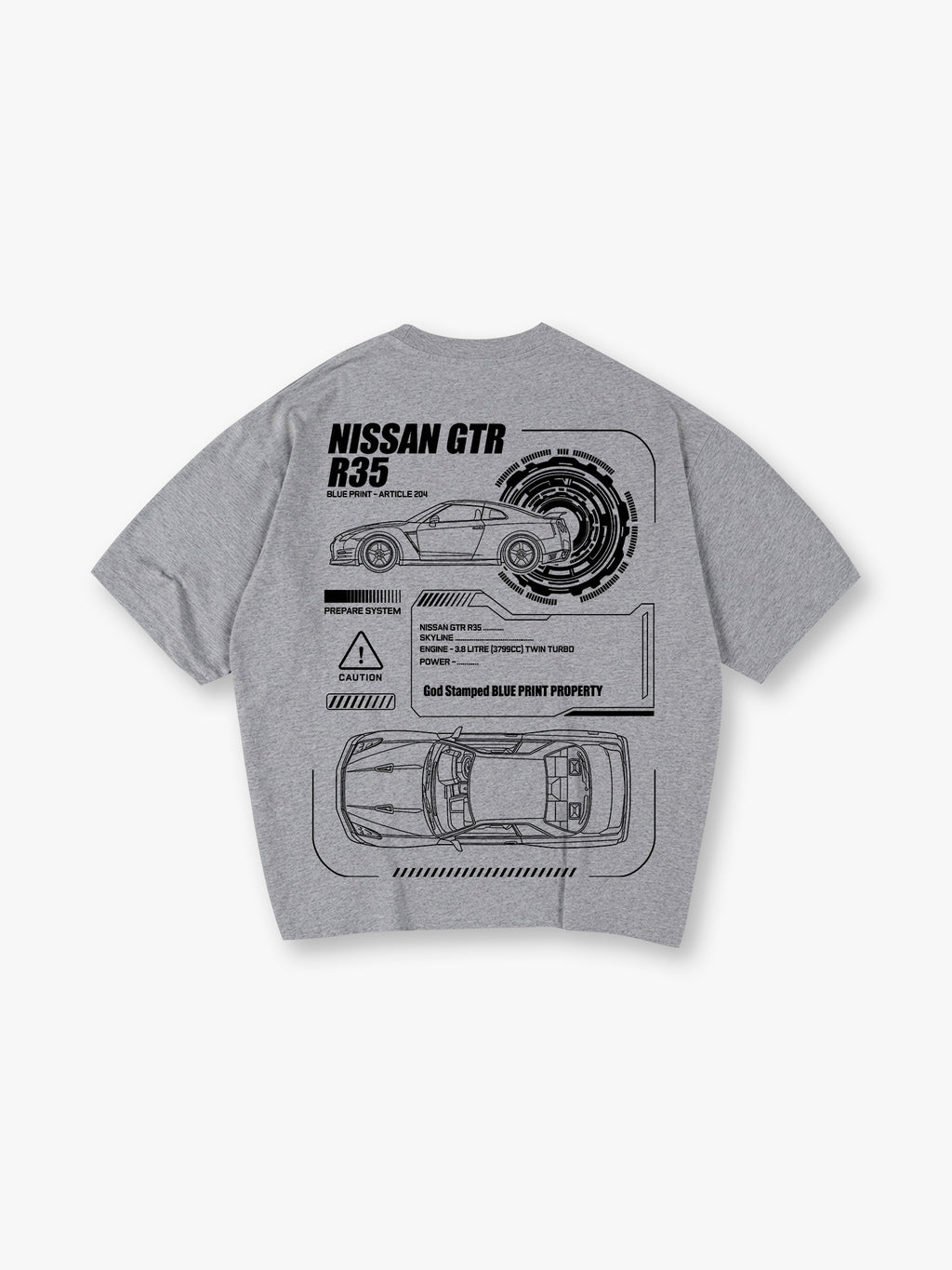 JDM GTR R35 Blueprint Technical Line Art BackPrint Cotton T-Shirt