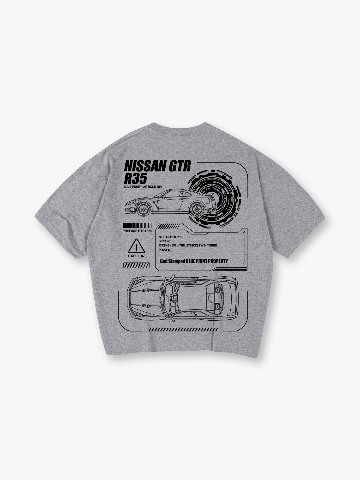 JDM GTR R35 Blueprint Technical Line Art BackPrint Cotton T-Shirt