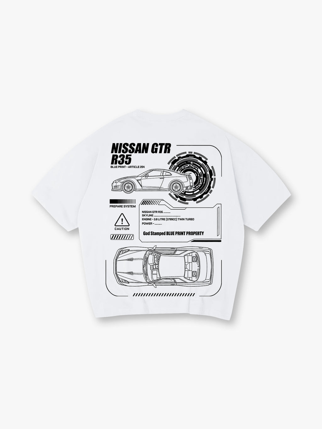 JDM GTR R35 Blueprint Technical Line Art BackPrint Cotton T-Shirt