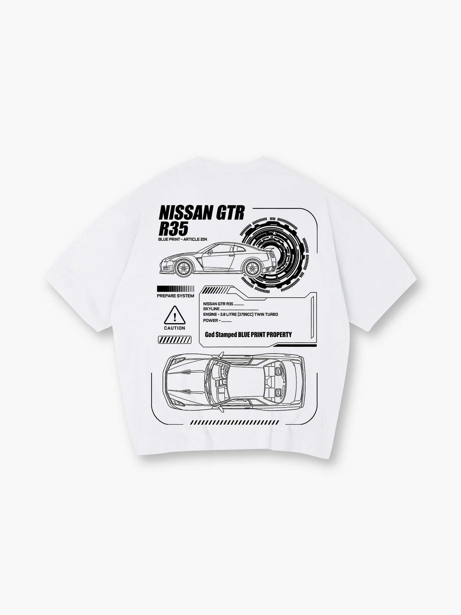 JDM GTR R35 Blueprint Technical Line Art BackPrint Cotton T-Shirt