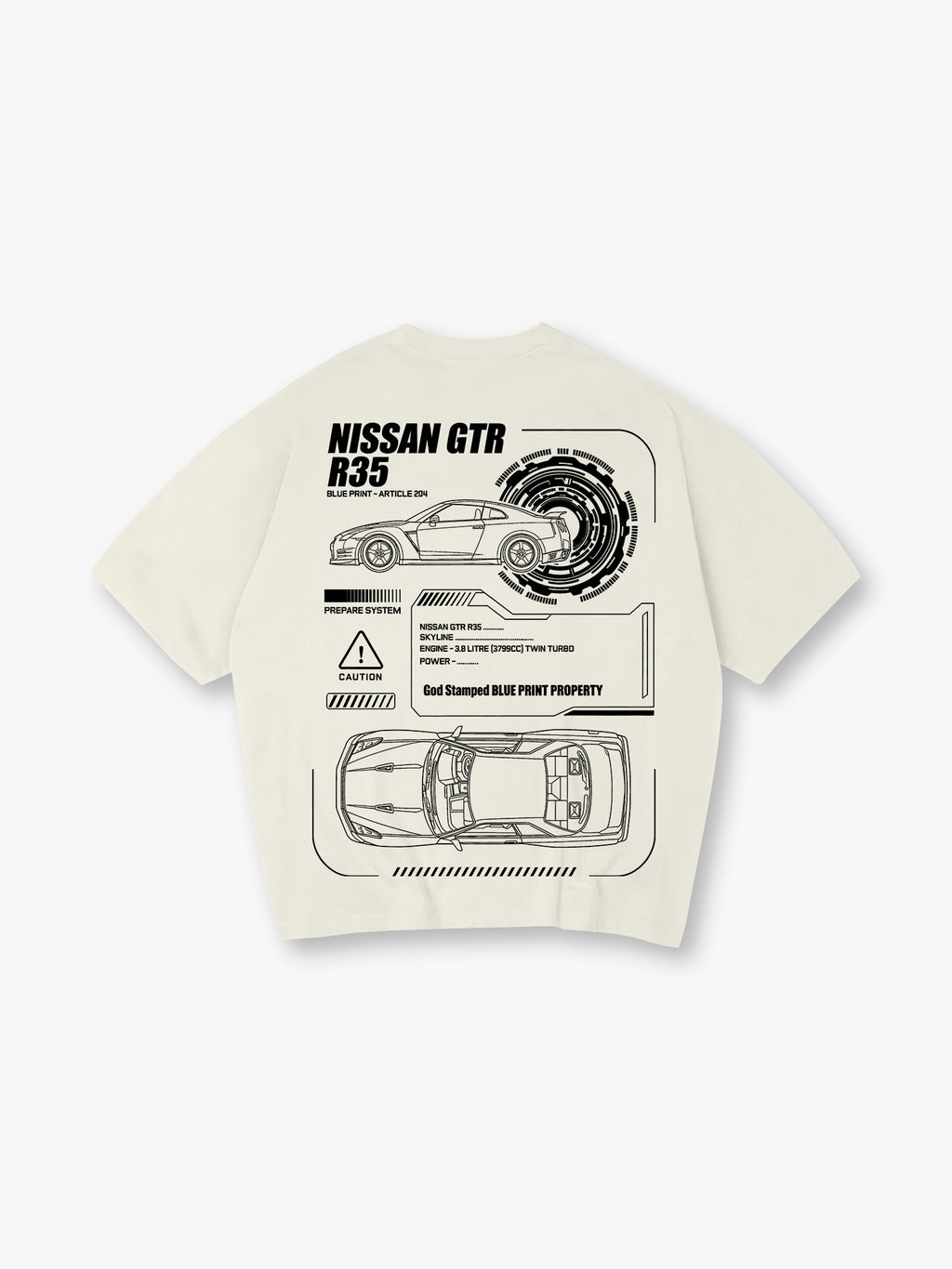 JDM GTR R35 Blueprint Technical Line Art BackPrint Cotton T-Shirt