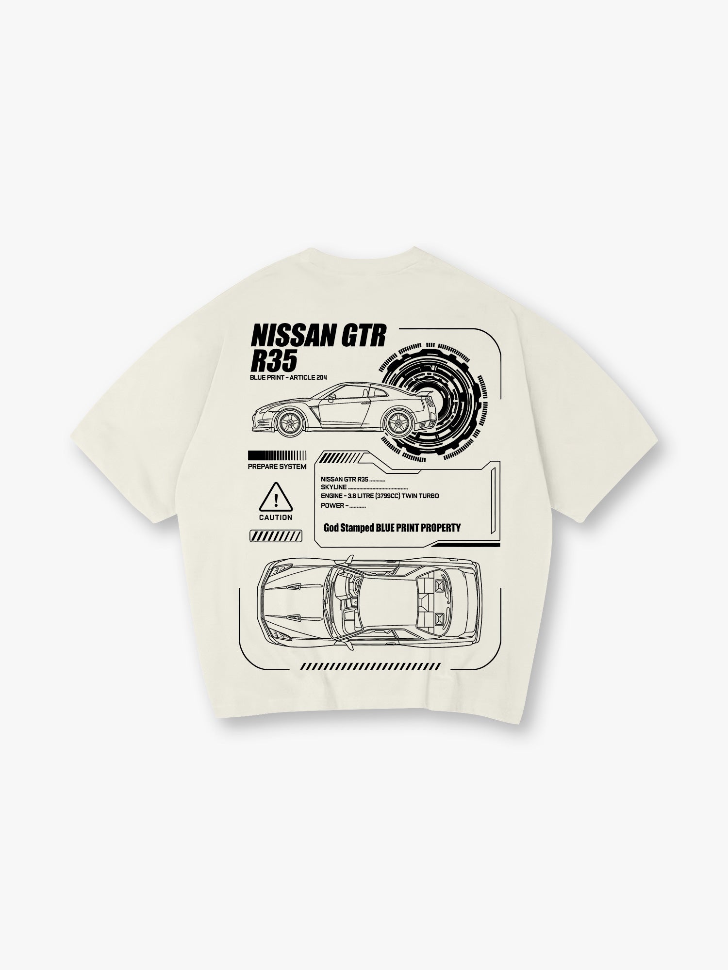 JDM GTR R35 Blueprint Technical Line Art BackPrint Cotton T-Shirt