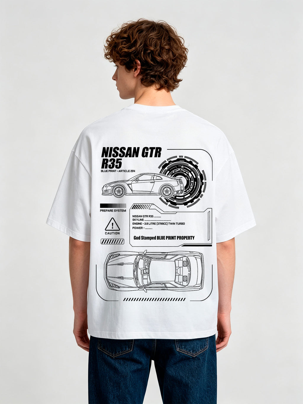 JDM GTR R35 Blueprint Technical Line Art BackPrint Cotton T-Shirt