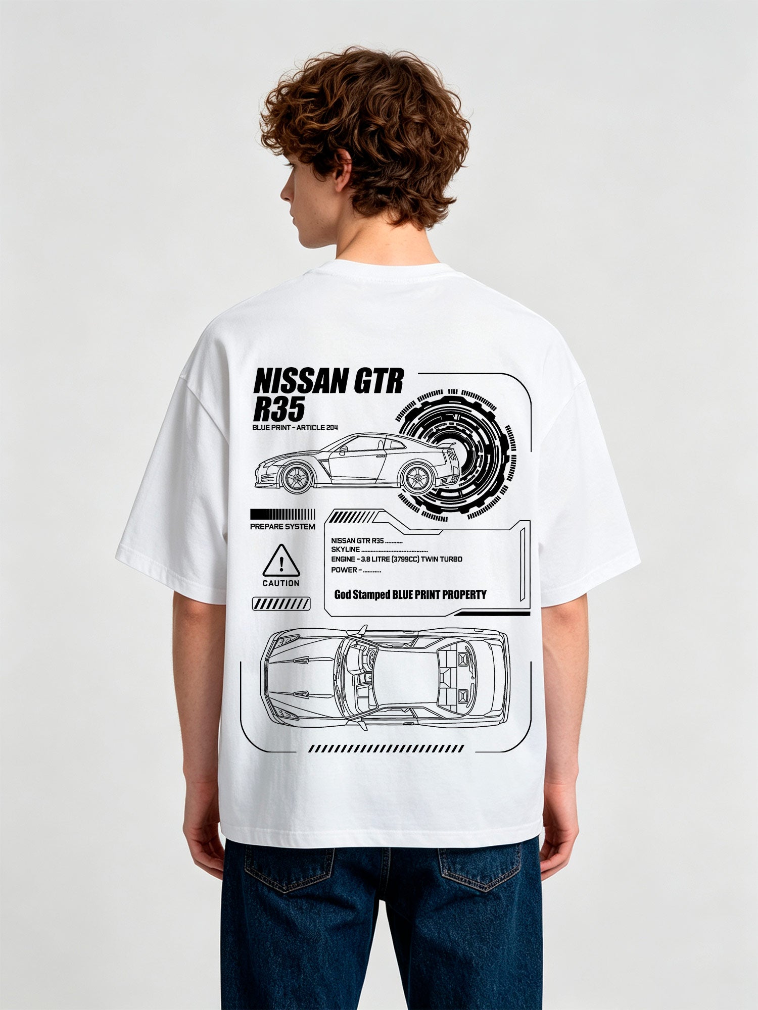 JDM GTR R35 Blueprint Technical Line Art BackPrint Cotton T-Shirt