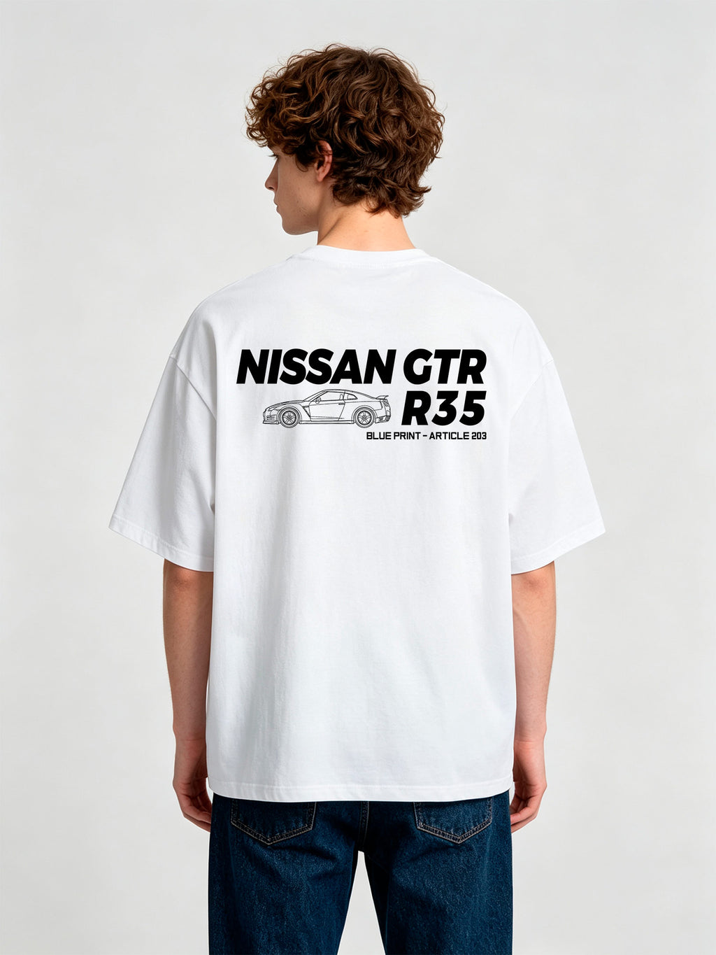 Minimal JDM Nissan GTR R35 Side Line Art Blueprint Text  Print Cotton T-Shirt