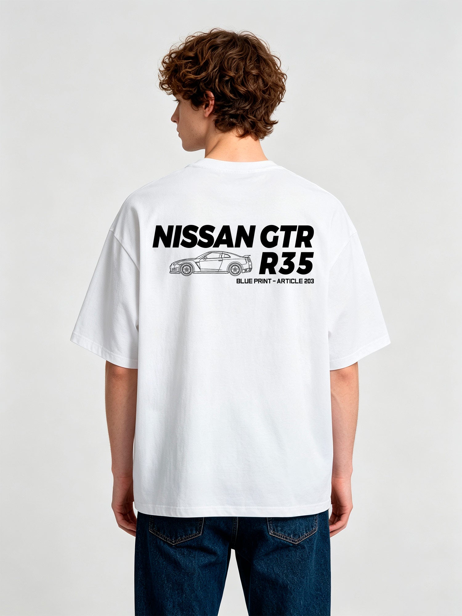 Minimal JDM Nissan GTR R35 Side Line Art Blueprint Text  Print Cotton T-Shirt