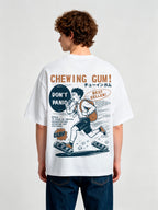 Vintage Anime Running School Boy Chewing Gum Japanese Text Print Cotton T-Shirt