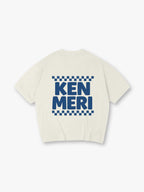 Minimal Blue Bold KEN MERI Checkerboard Border JDM Casual T-Shirt