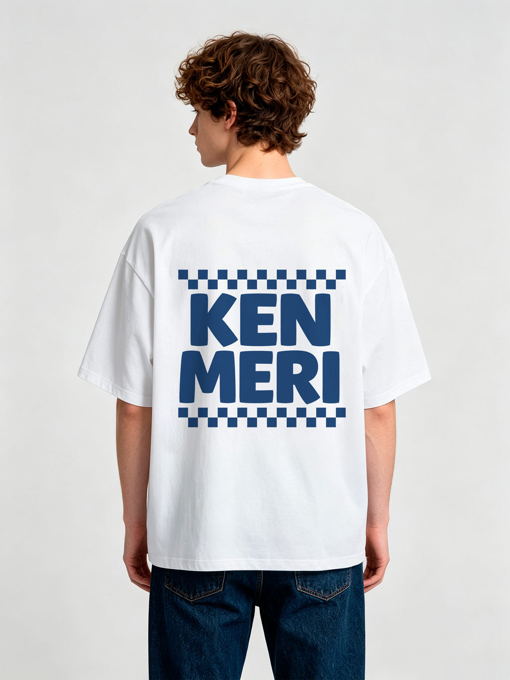 Minimal Blue Bold KEN MERI Checkerboard Border JDM Casual T-Shirt