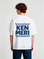 Minimal Blue Bold KEN MERI Checkerboard Border JDM Casual T-Shirt
