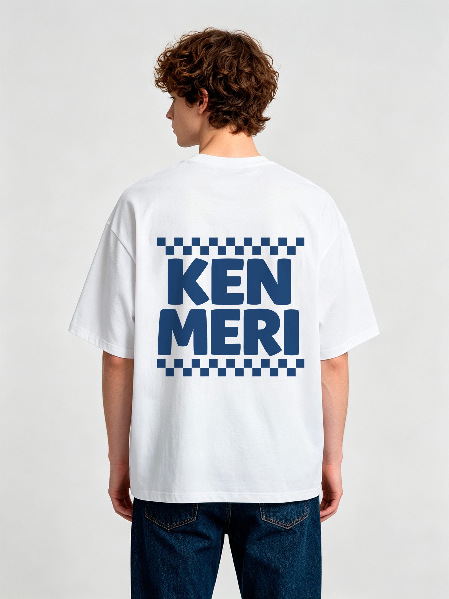 Minimal Blue Bold KEN MERI Checkerboard Border JDM Casual T-Shirt