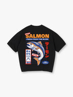 Vintage Japanese Market Fresh Salmon Fish Kanji Label God Stamped Back Print T-Shirt