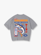 Vintage Japanese Market Fresh Salmon Fish Kanji Label God Stamped Back Print T-Shirt