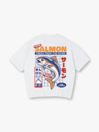Vintage Japanese Market Fresh Salmon Fish Kanji Label God Stamped Back Print T-Shirt