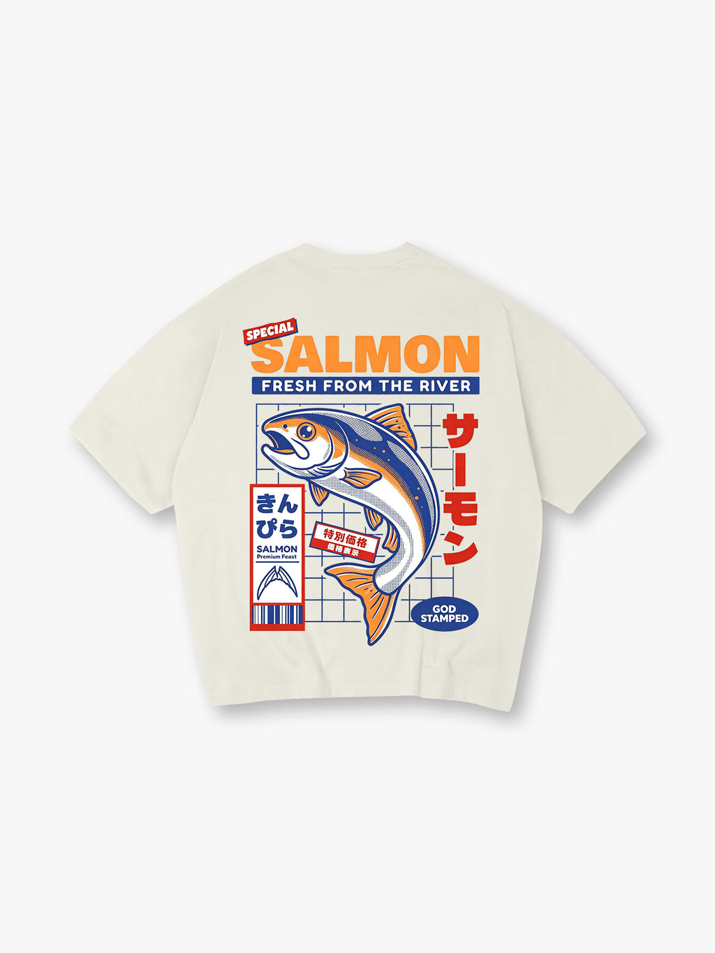 Vintage Japanese Market Fresh Salmon Fish Kanji Label God Stamped Back Print T-Shirt