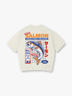 Vintage Japanese Market Fresh Salmon Fish Kanji Label God Stamped Back Print T-Shirt