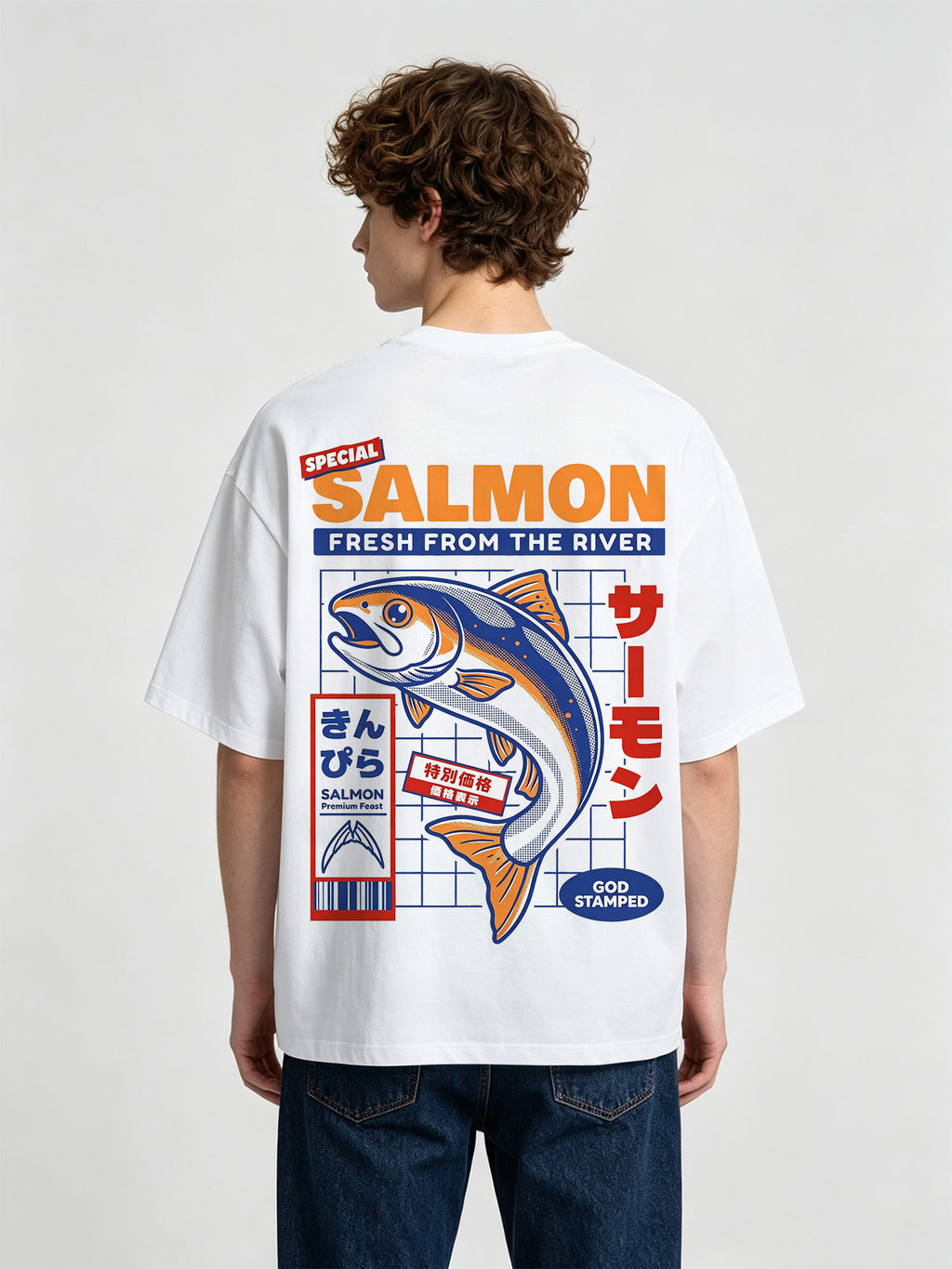 Vintage Japanese Market Fresh Salmon Fish Kanji Label God Stamped Back Print T-Shirt