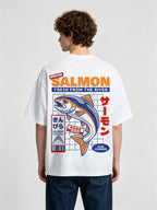 Vintage Japanese Market Fresh Salmon Fish Kanji Label God Stamped Back Print T-Shirt