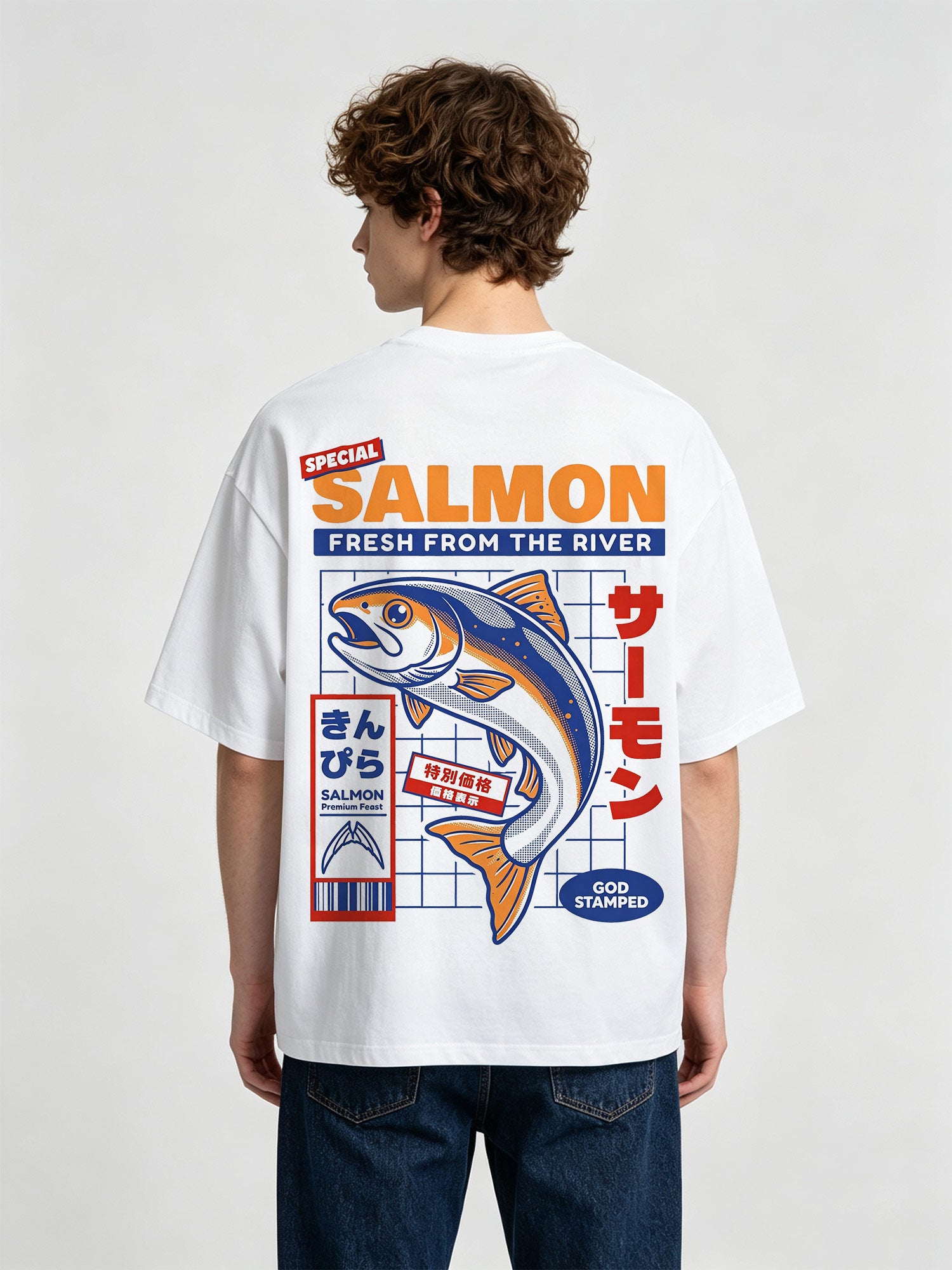 Vintage Japanese Market Fresh Salmon Fish Kanji Label God Stamped Back Print T-Shirt