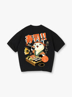 Cute Cartoon Sushi Chef Lucky Cat Japanese Sake Kanji Back Print T-Shirt