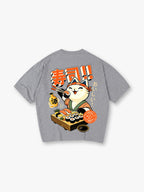 Cute Cartoon Sushi Chef Lucky Cat Japanese Sake Kanji Back Print T-Shirt