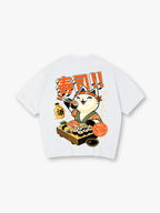 Cute Cartoon Sushi Chef Lucky Cat Japanese Sake Kanji Back Print T-Shirt