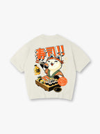 Cute Cartoon Sushi Chef Lucky Cat Japanese Sake Kanji Back Print T-Shirt