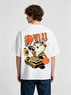Cute Cartoon Sushi Chef Lucky Cat Japanese Sake Kanji Back Print T-Shirt