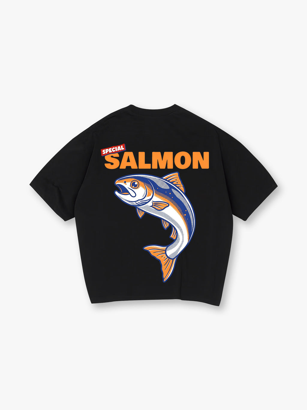 Vintage Special Orange Salmon Bold Text Jumping Fish Graphic Back Print T-Shirt