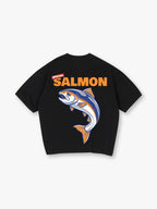 Vintage Special Orange Salmon Bold Text Jumping Fish Graphic Back Print T-Shirt