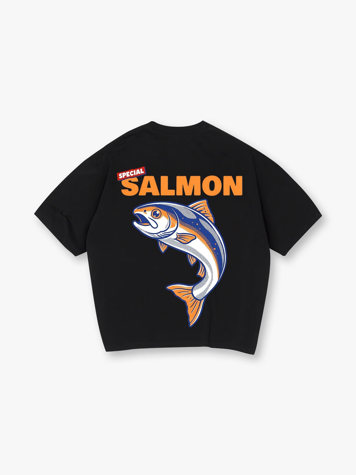 Vintage Special Orange Salmon Bold Text Jumping Fish Graphic Back Print T-Shirt