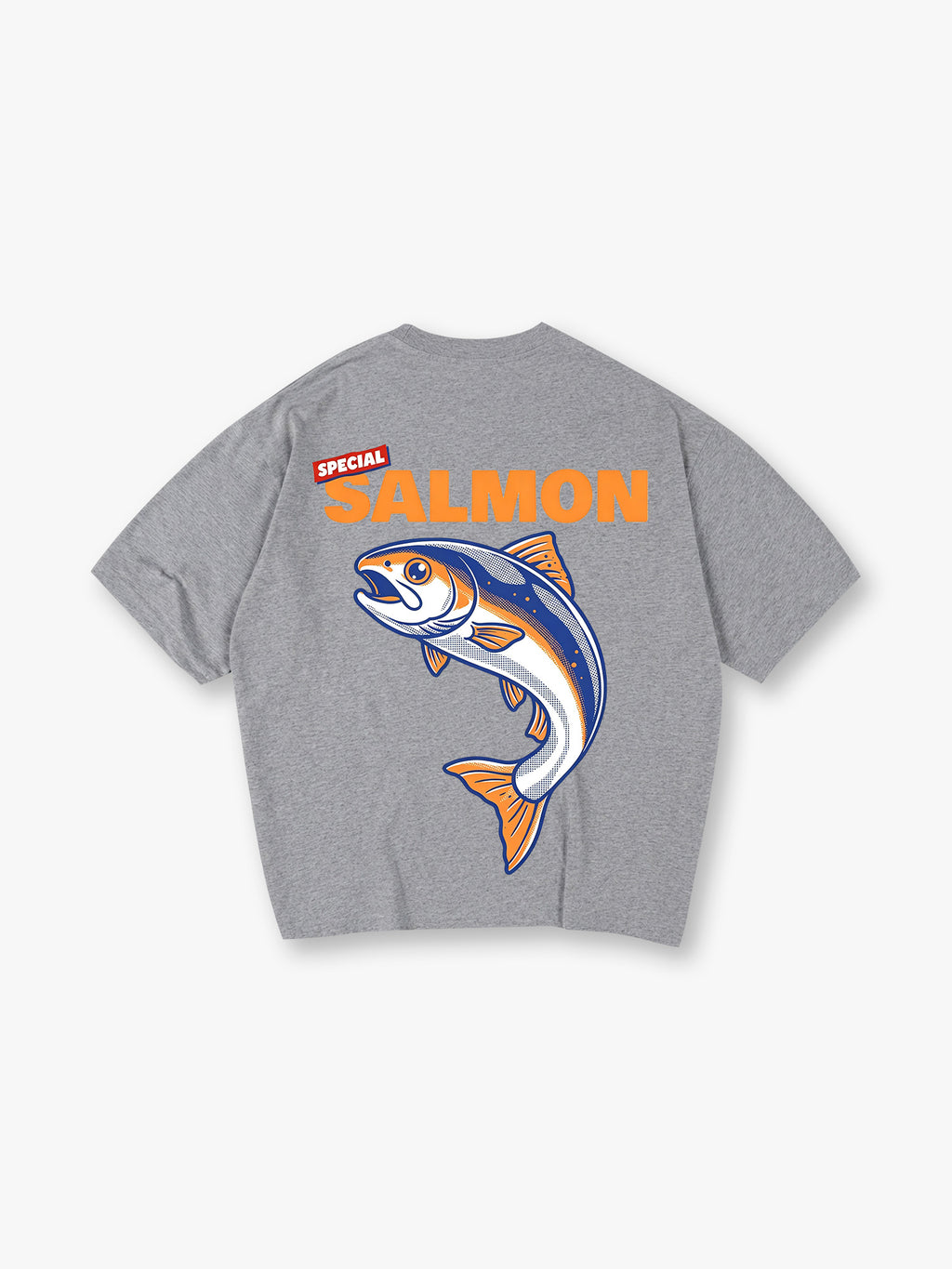 Vintage Special Orange Salmon Bold Text Jumping Fish Graphic Back Print T-Shirt