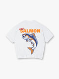 Vintage Special Orange Salmon Bold Text Jumping Fish Graphic Back Print T-Shirt
