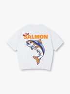 Vintage Special Orange Salmon Bold Text Jumping Fish Graphic Back Print T-Shirt