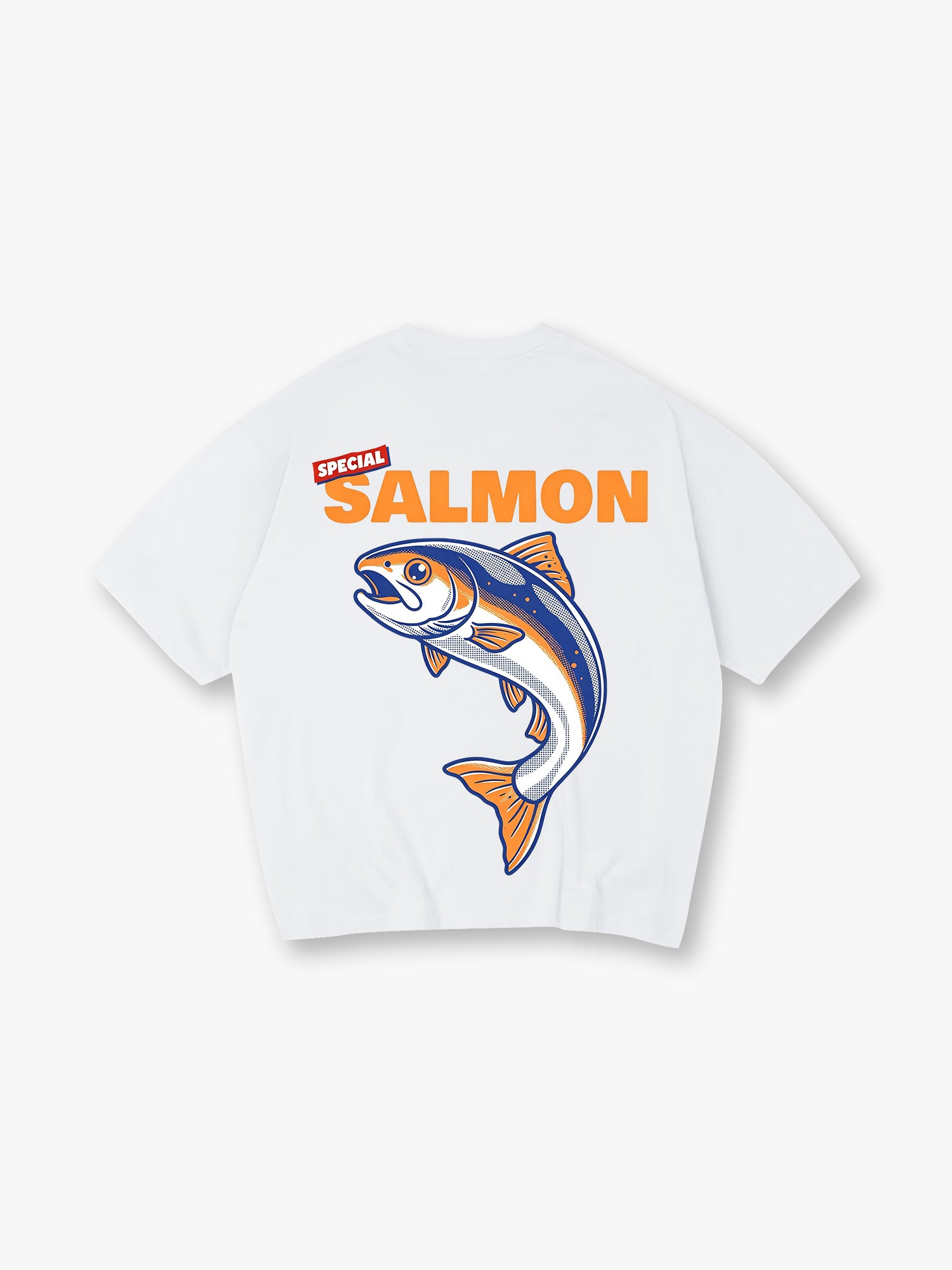 Vintage Special Orange Salmon Bold Text Jumping Fish Graphic Back Print T-Shirt