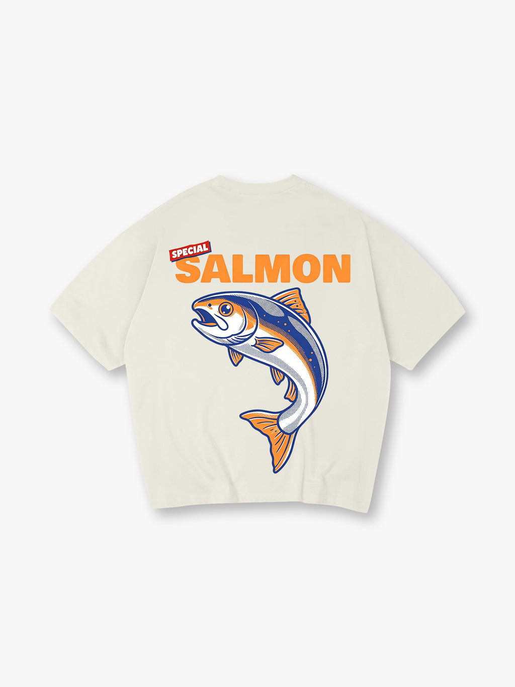 Vintage Special Orange Salmon Bold Text Jumping Fish Graphic Back Print T-Shirt