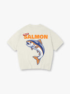 Vintage Special Orange Salmon Bold Text Jumping Fish Graphic Back Print T-Shirt