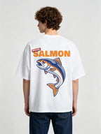 Vintage Special Orange Salmon Bold Text Jumping Fish Graphic Back Print T-Shirt