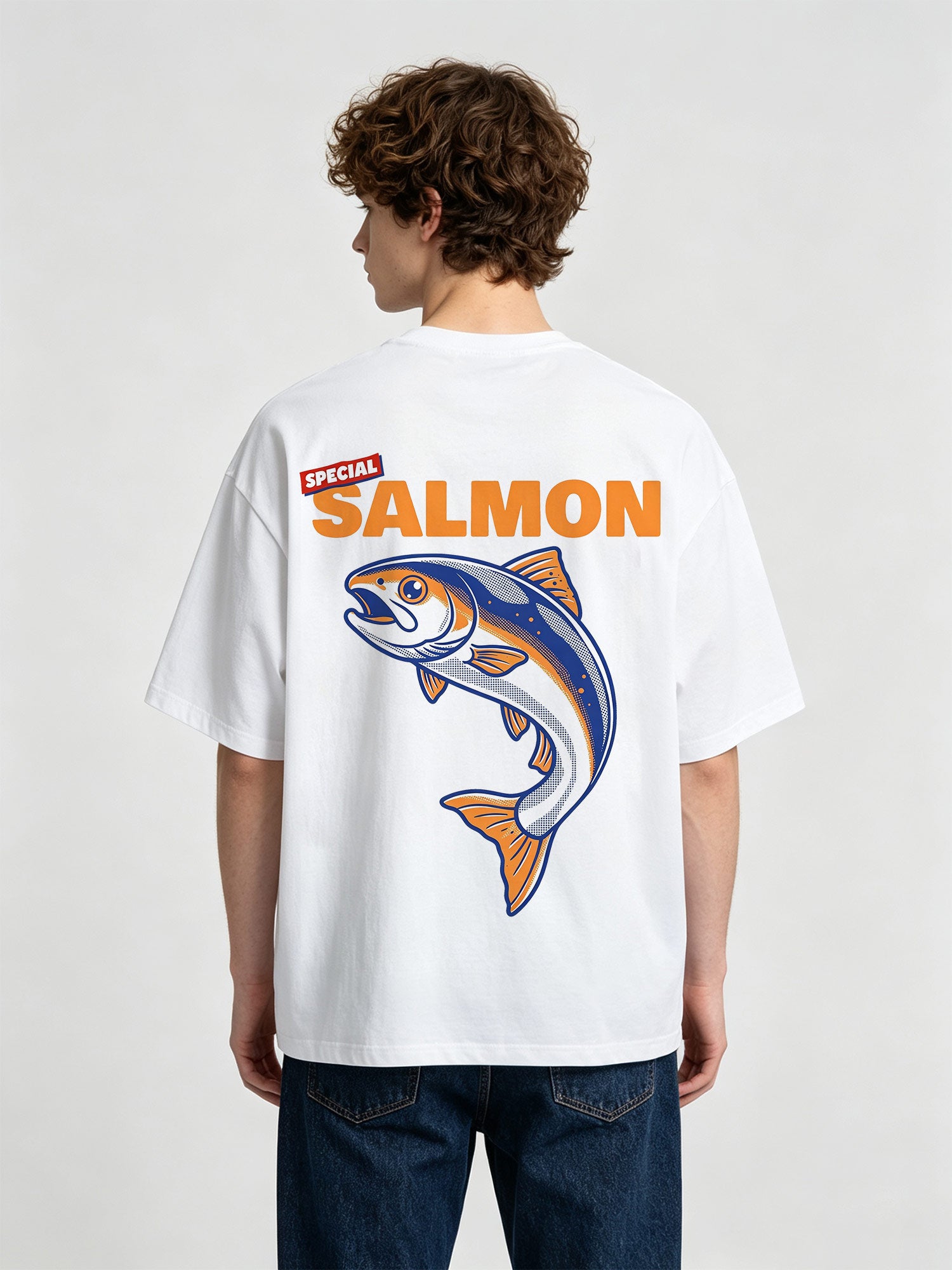 Vintage Special Orange Salmon Bold Text Jumping Fish Graphic Back Print T-Shirt