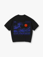 Blue Okinawa Great Wave Off Kanagawa Red Sun Coordinates Japanese Kanji Back Print T-Shirt