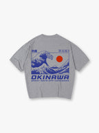 Blue Okinawa Great Wave Off Kanagawa Red Sun Coordinates Japanese Kanji Back Print T-Shirt