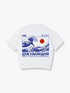 Blue Okinawa Great Wave Off Kanagawa Red Sun Coordinates Japanese Kanji Back Print T-Shirt